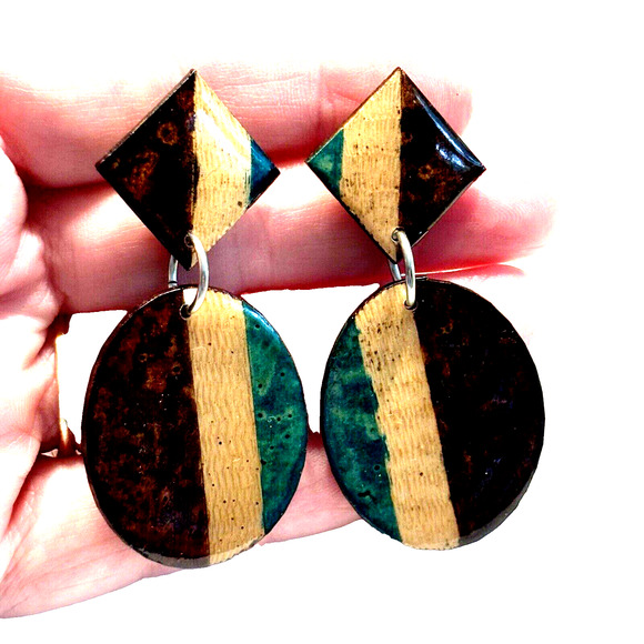 Vintage Wood Pierced Earrings Drop & Dangle Wooden Lacquer Brown Yellow Green - Picture 7 of 8